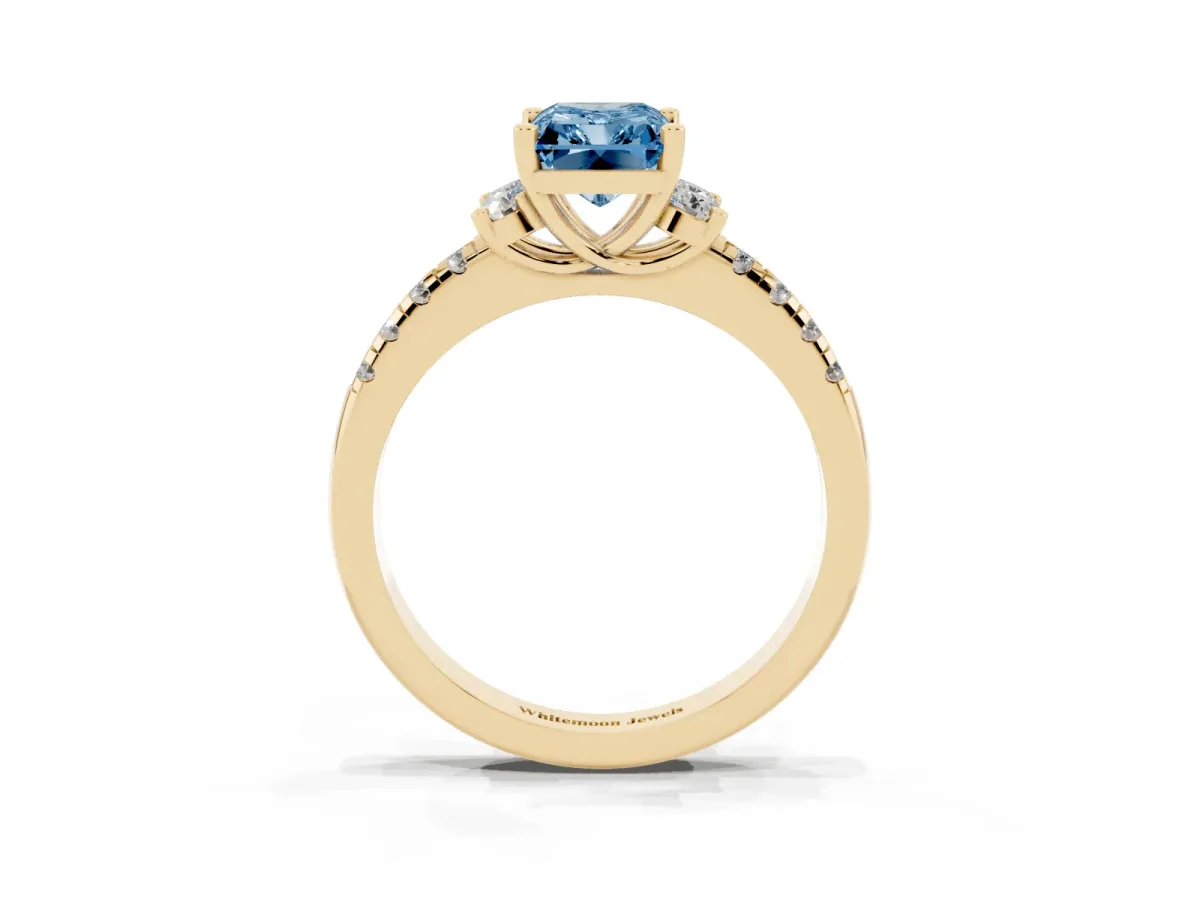 Fancy Blue Radiant Cut Diamond Three-Stone Pave Band with Four-Prong Setting Yellow gold