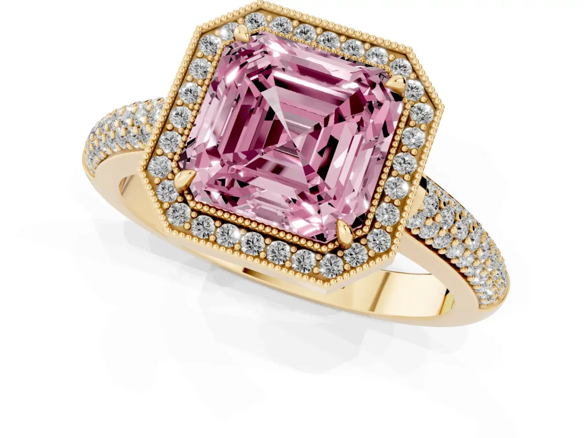 Fancy Pink Asscher Cut Cut Halo Diamond Pave Band with Four-Prong Setting Yellow gold