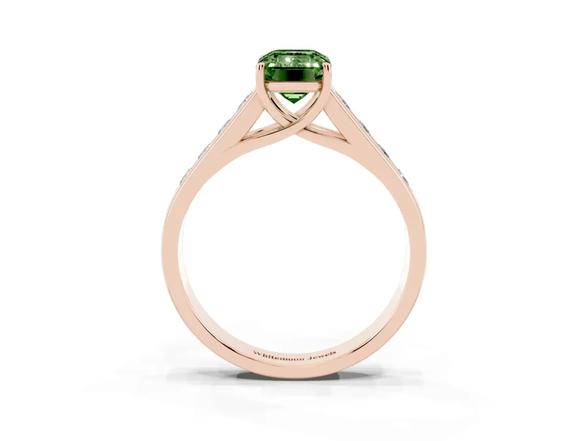 Fancy Green Emerald Cut Solitaire Channel-Set Diamond Engagement Ring with Four-Prong Setting Rose gold