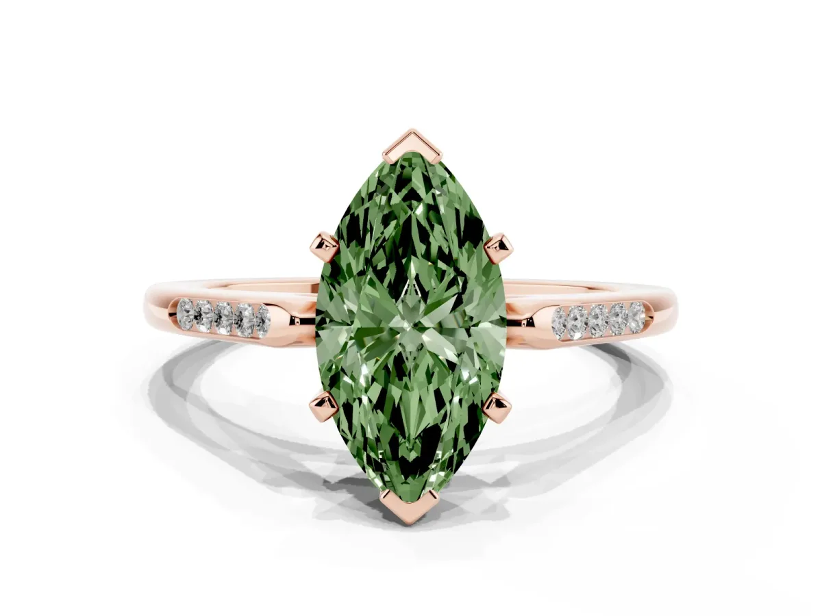 Fancy Green Marquise Cut Diamond Solitaire Ring with Channel Set Round Band and Prong Setting Rose gold