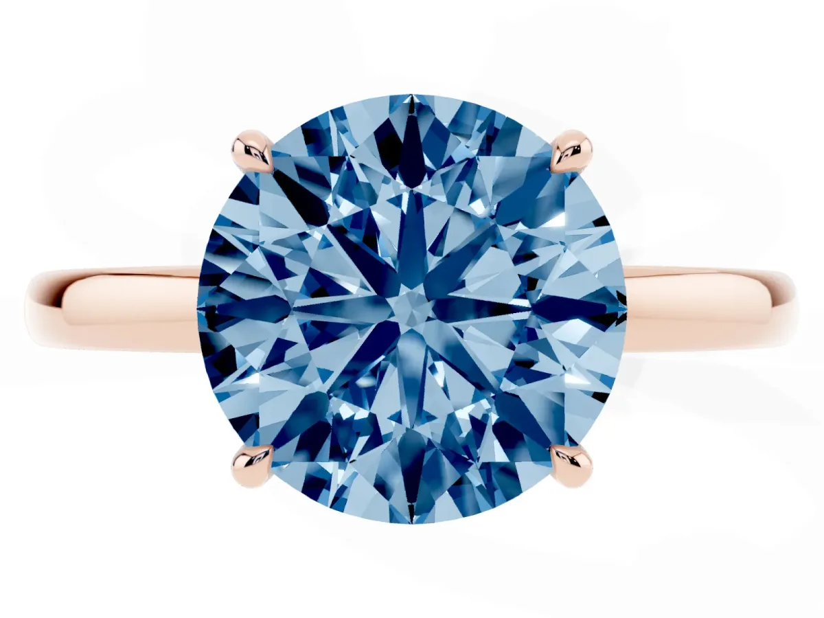 Fancy Blue Round Cut Solitaire Engagement Ring with Cathedral Band and Four-Prong Setting Rose gold