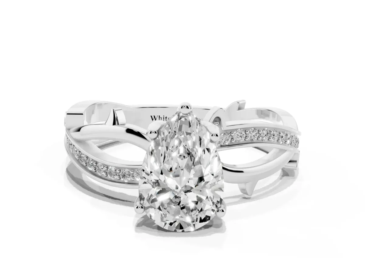 Pear Cut Solitaire Twist Band with Pavé Accents and Four-Prong Setting Platinum