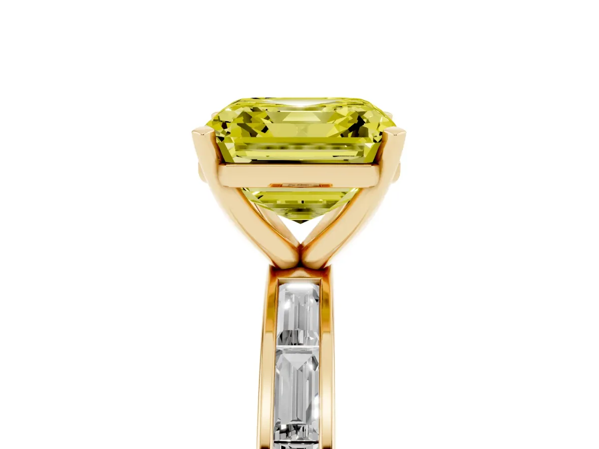 Fancy Yellow Asscher Cut Solitaire Diamond Ring with Channel-Set Baguette Band and Four-Prong Setting Yellow gold