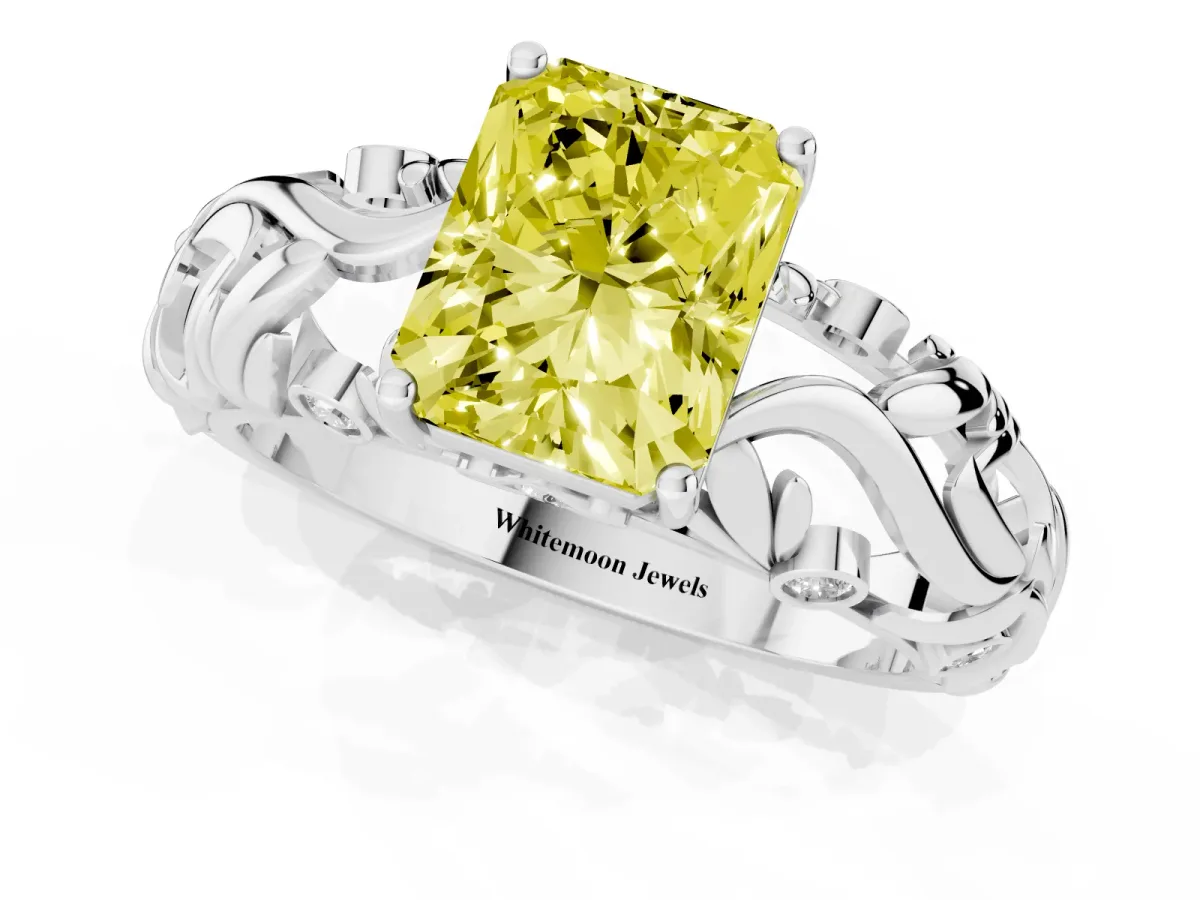 Fancy Yellow Radiant Cut Solitaire Diamond Leaf-Inspired Vine Band Ring with Prong Setting White gold
