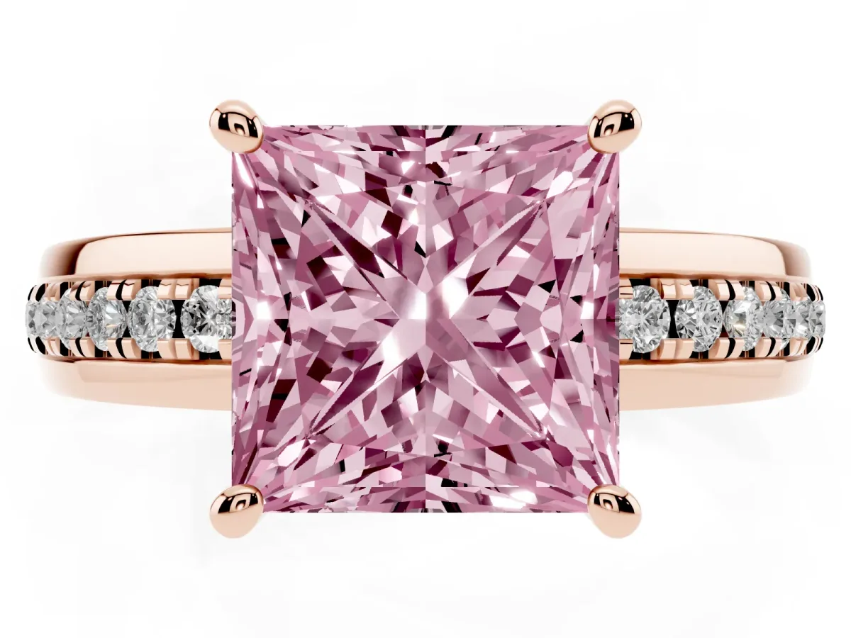 Fancy Pink Princess Cut Solitaire Diamond Ring with Channel Set Band and Six-Prong Setting Rose gold
