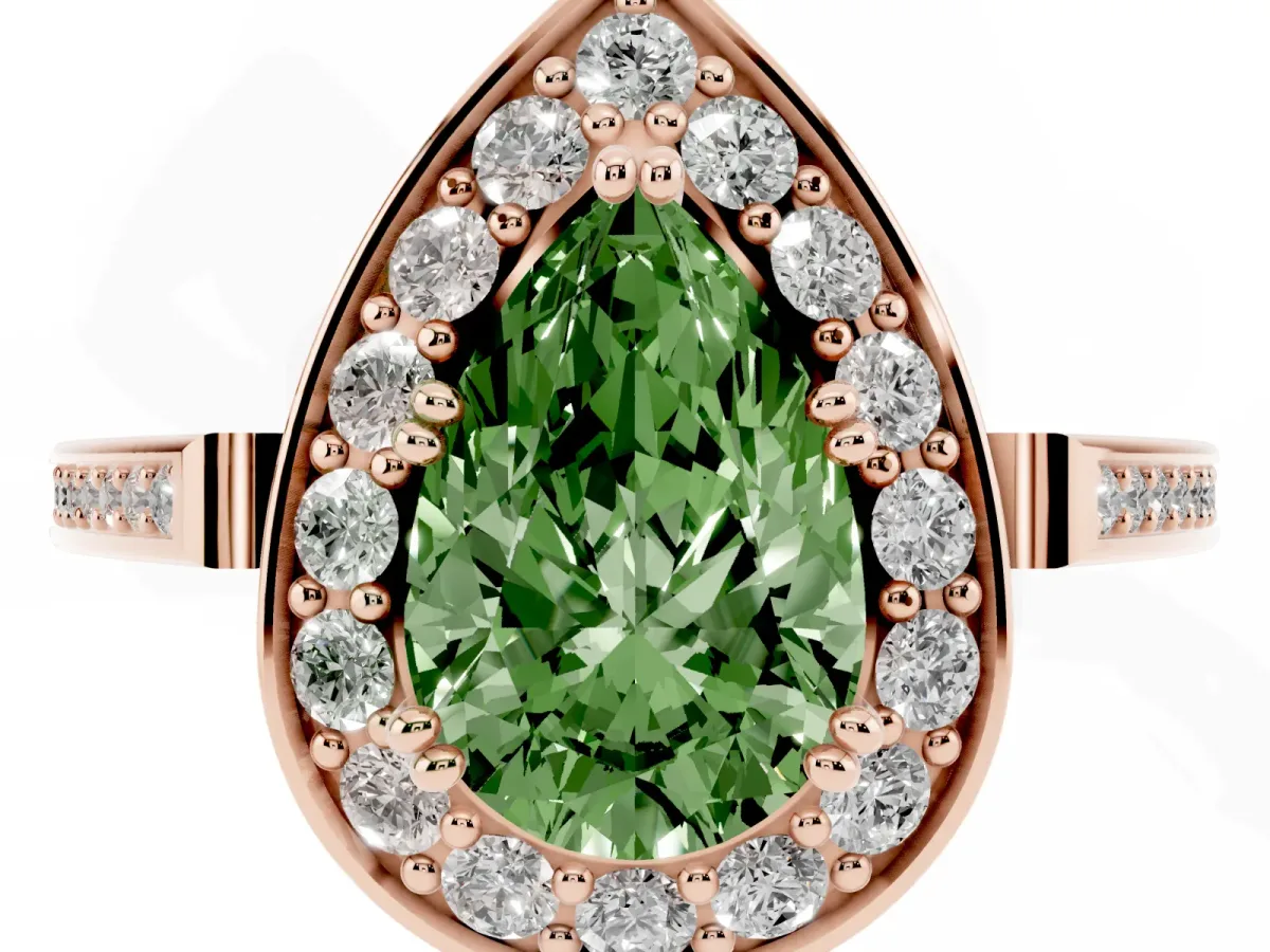 Fancy Green Pear Cut Diamond Halo Ring with Split Shank and Four-Prong Setting Rose gold