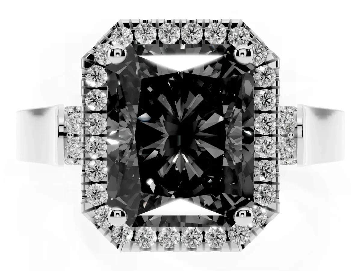 Fancy Black Radiant Cut Halo Round Diamond Twist Band with Four-Prong Setting White gold