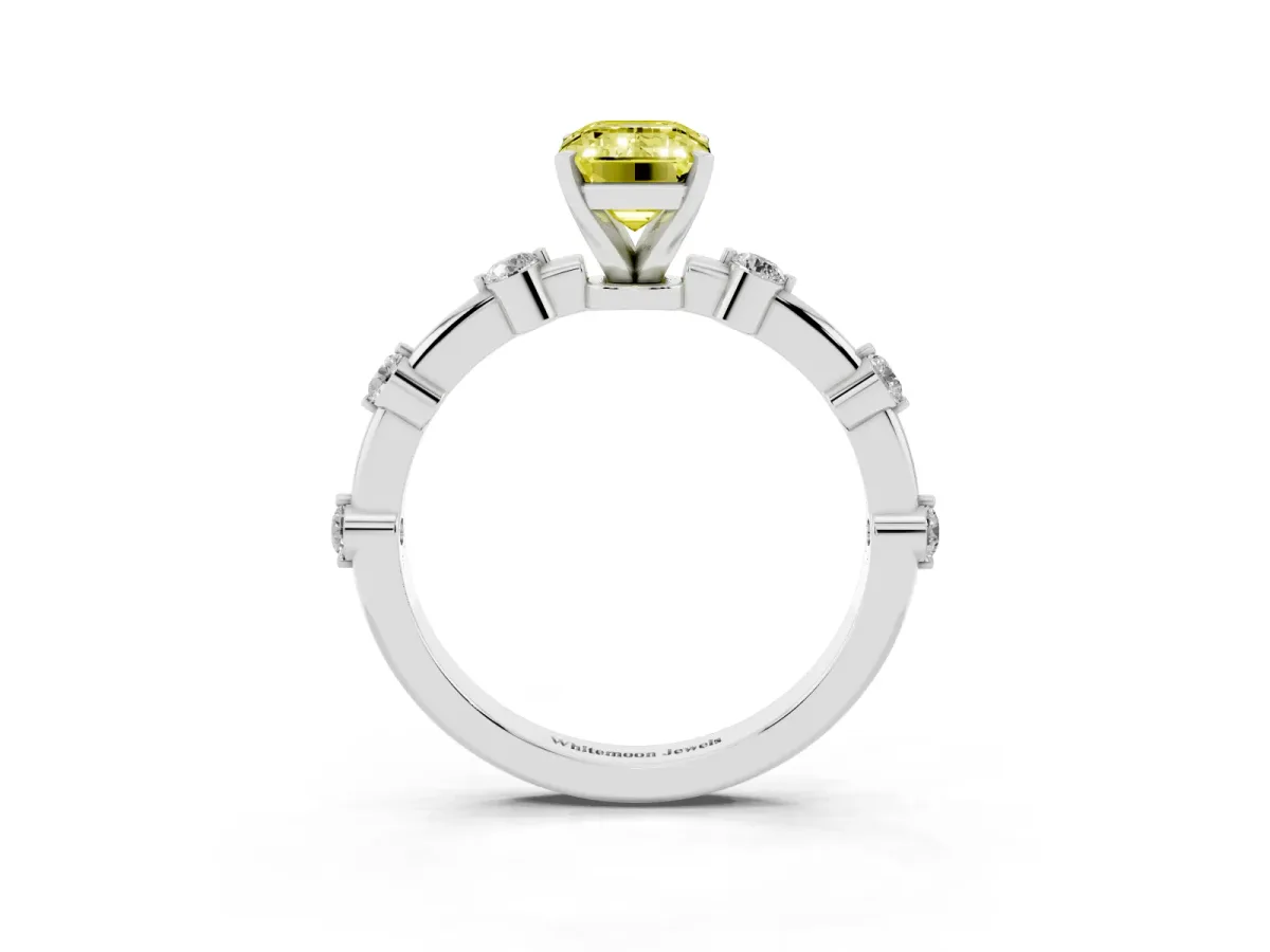 Fancy Yellow Emerald Cut Solitaire Diamond Ring with Bezel Set Side Stones and Prong Setting Silver