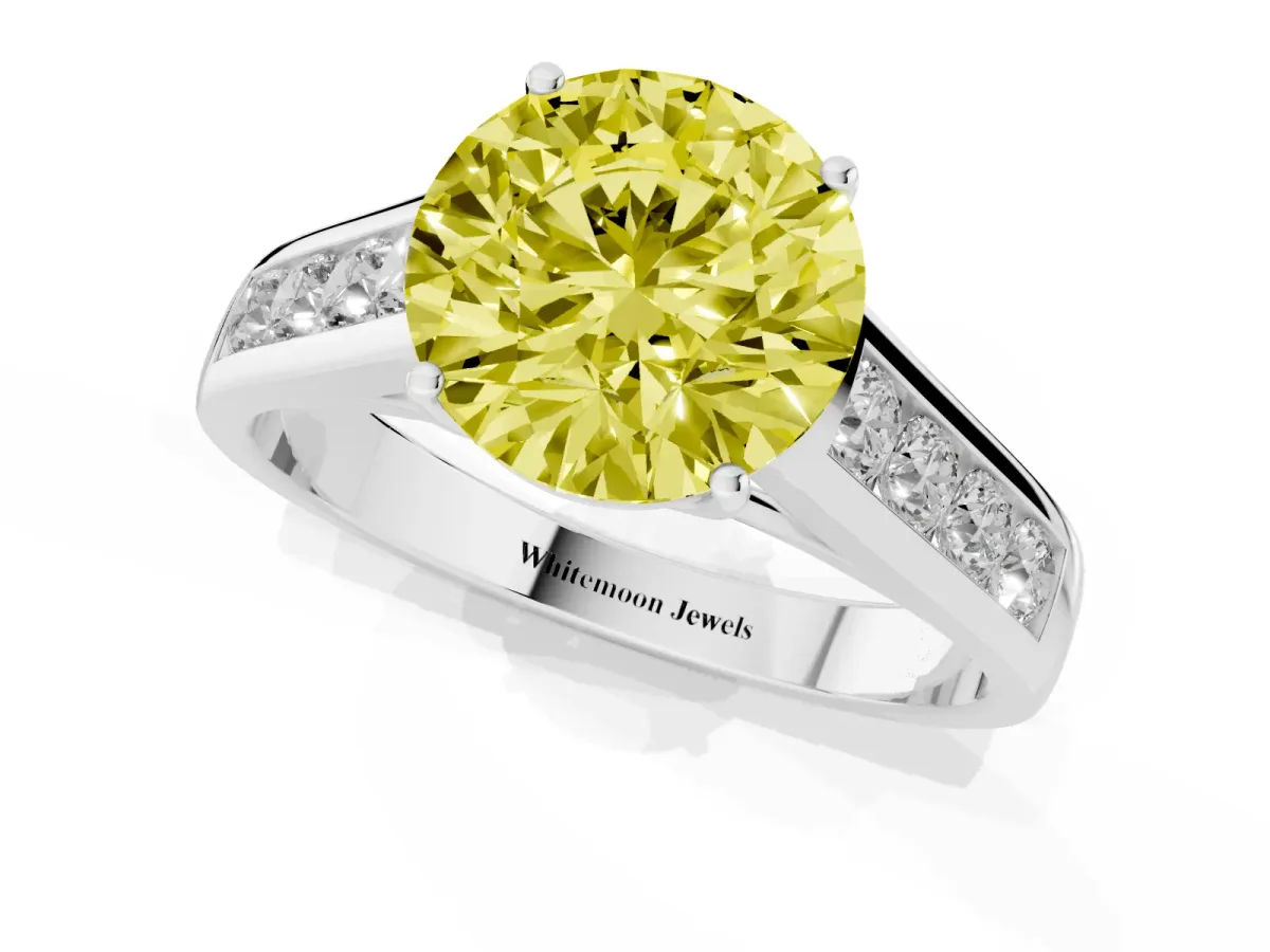 Fancy Yellow Round Cut Brilliant Channel-Set Solitaire Ring with Four-Prong Setting Silver