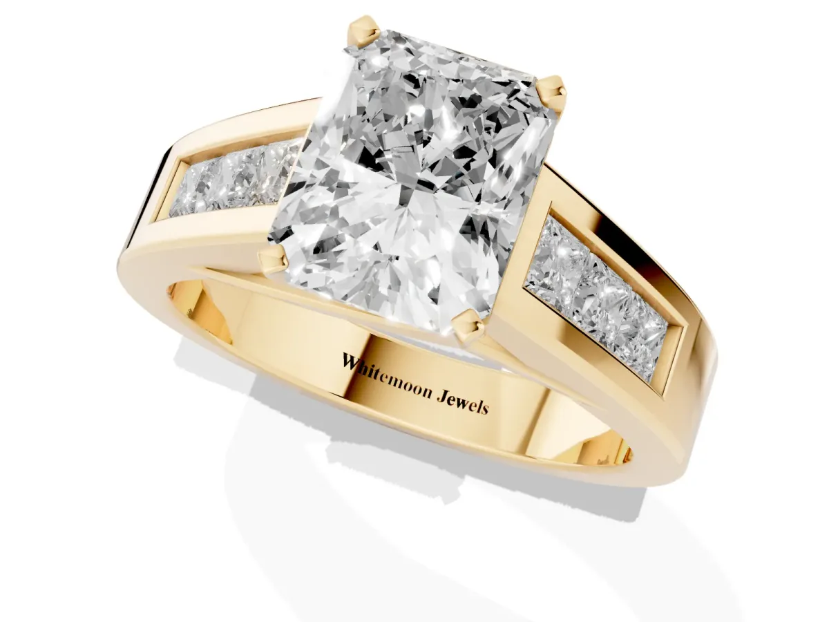 Radiant Cut Cut Channel Set Solitaire Ring with Four-Prong Setting Yellow gold
