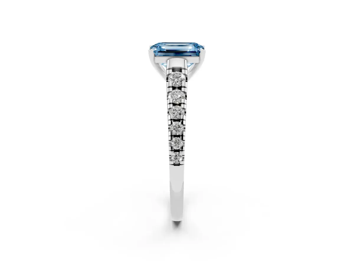 Fancy Blue Emerald Cut Diamond Cathedral Solitaire Ring with Round Pavé Band Silver