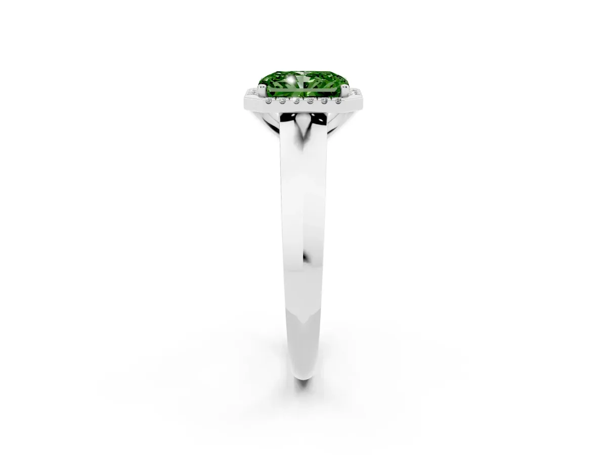 Fancy Green Radiant Cut Halo Diamond Ring with Cathedral Band and Four-Prong Setting White gold