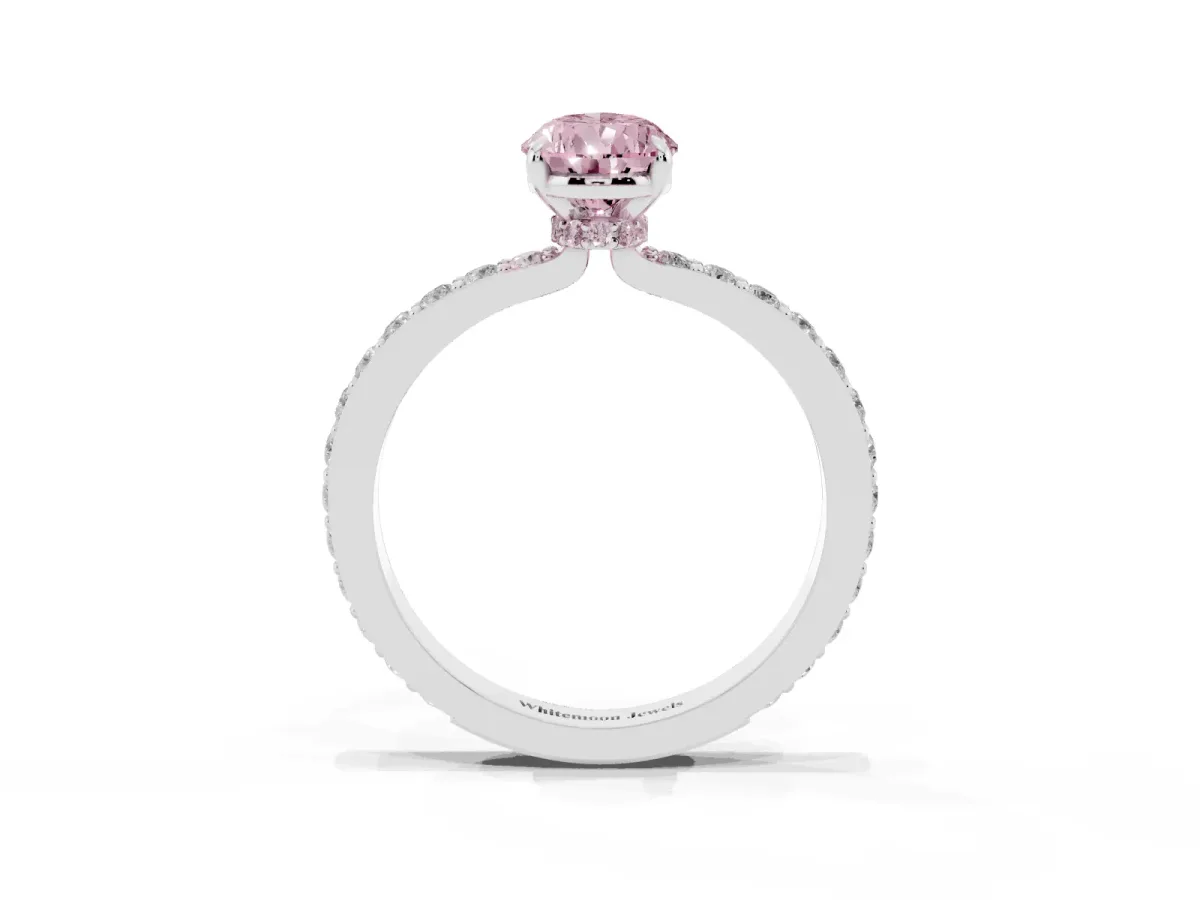 Fancy Pink Pear Cut Diamond Pavé Engagement Ring with Round Accents and Prong Setting Platinum