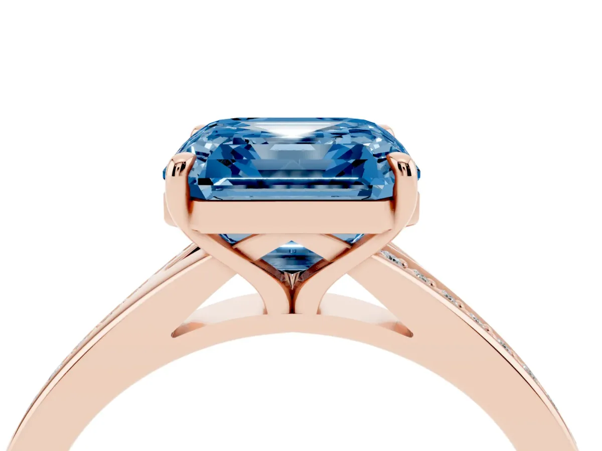 Fancy Blue Asscher Cut Diamond Solitaire Ring with Pavé Band and Prong Setting Rose gold