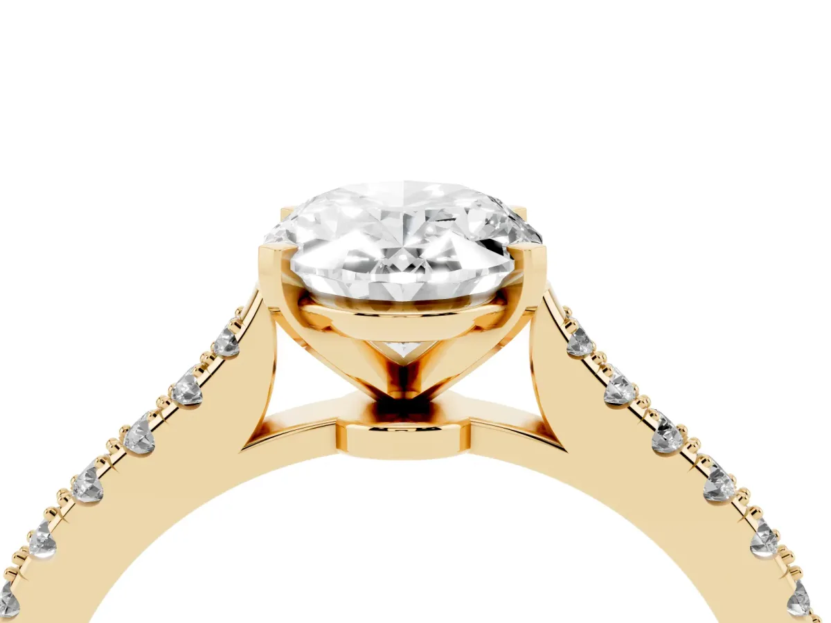 Oval Cut Cut Solitaire Diamond Engagement Ring with Pave Band and Four-Prong Setting Yellow gold
