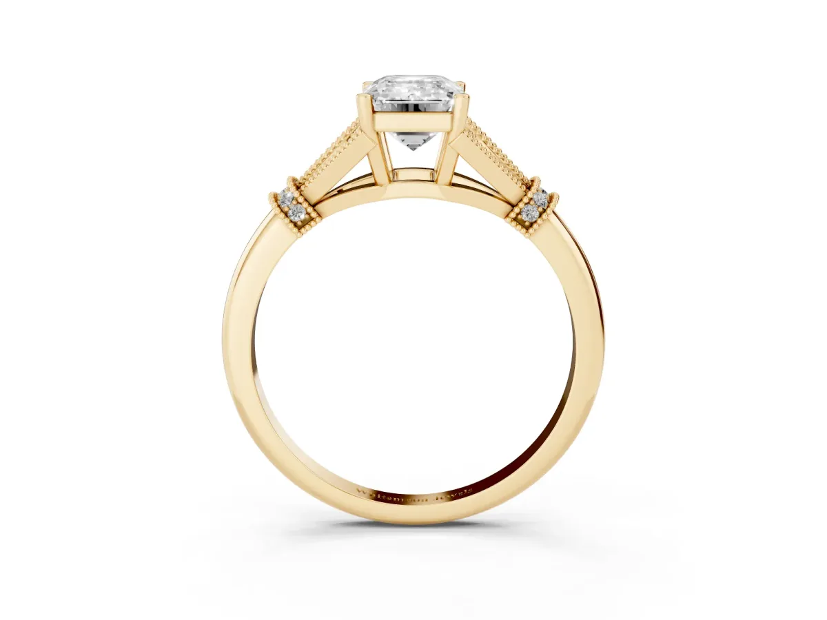Emerald Cut Diamond Solitaire Ring with Floral Filigree and Pave Accents Yellow gold
