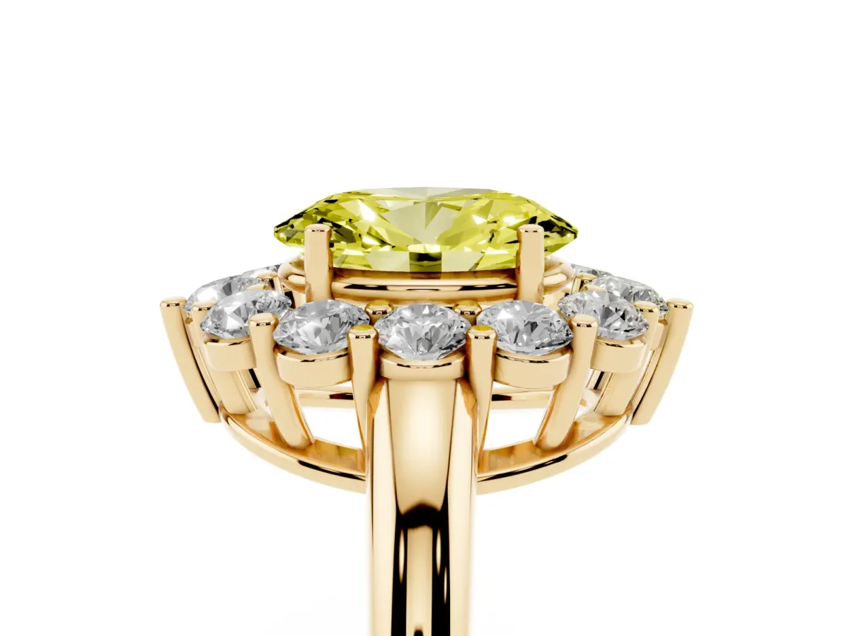 Fancy Yellow Oval Cut Halo Cluster Diamond Engagement Ring with Prong Setting and Polished Band Yellow gold