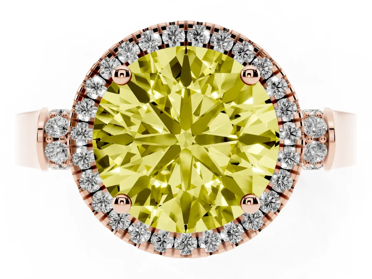 Fancy Yellow Round Cut Halo Pave Split Shank Prong Setting Ring Rose gold