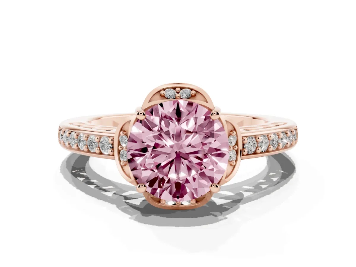Fancy Pink Round Cut Cut Halo Diamond Ring with Channel Set Band and Four-Prong Setting Rose gold
