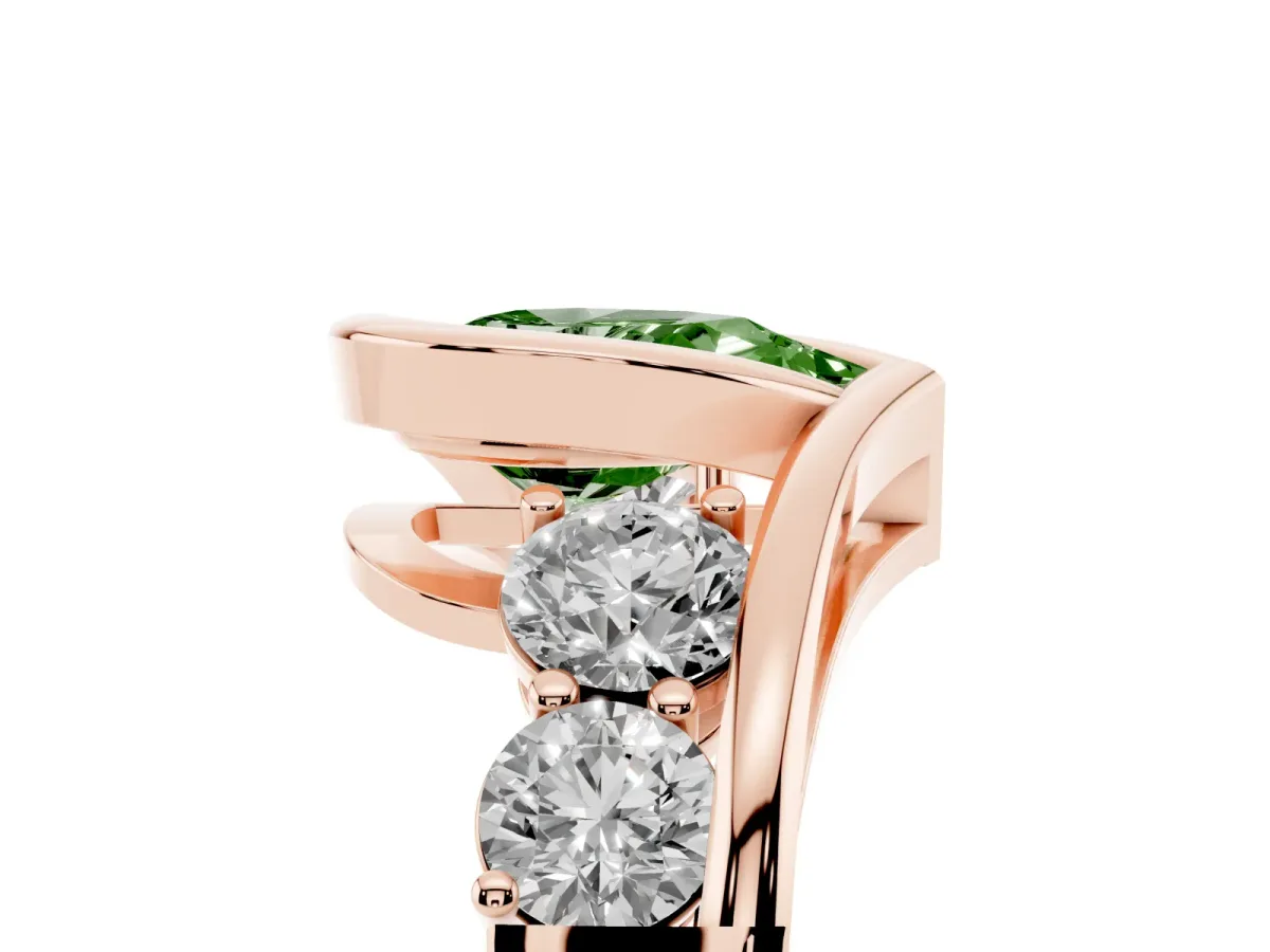 Fancy Green Bezel Set Pear Cut Diamond Bypass Ring with Round Accents Rose gold