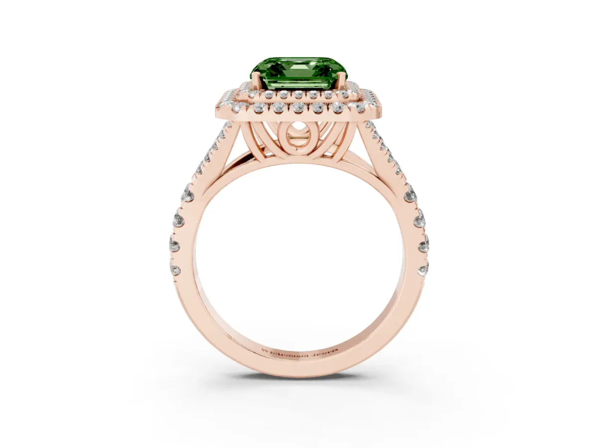 Fancy Green Asscher Cut Cut Double Halo Split Shank Diamond Ring with Prong Setting Rose gold