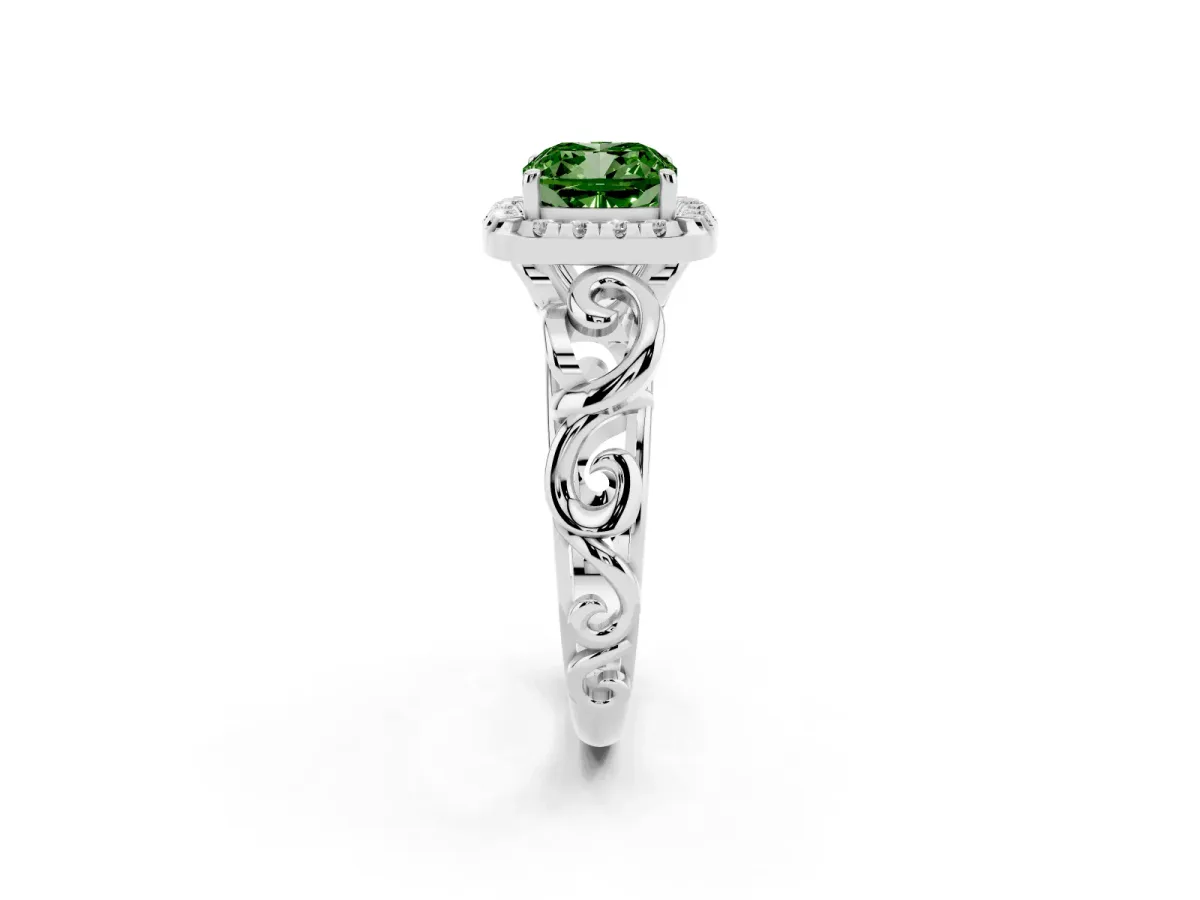 Fancy Green Cushion Cut Cut Halo Diamond Ring with Scrollwork Band and Four-Prong Setting Silver