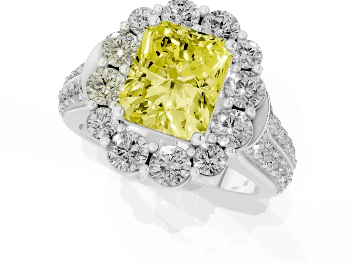 Fancy Yellow Radiant Cut Halo Diamond Engagement Ring with Split Shank and Prong Setting Silver