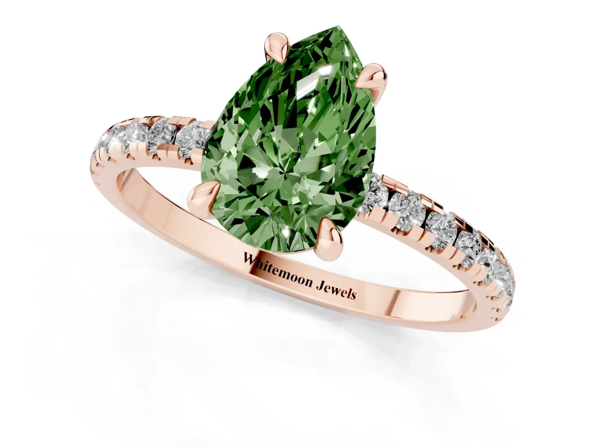Fancy Green Pear Cut Diamond Brilliant Solitaire Ring with Pavé Band and Four-Prong Setting Rose gold
