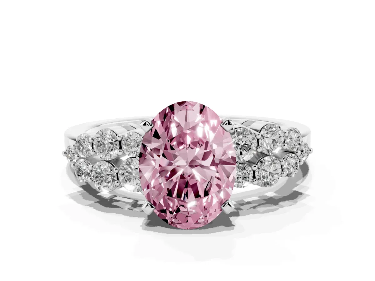 Fancy Pink Oval Cut Cluster Diamond Engagement Ring with Pavé Band and Four-Prong Setting Platinum