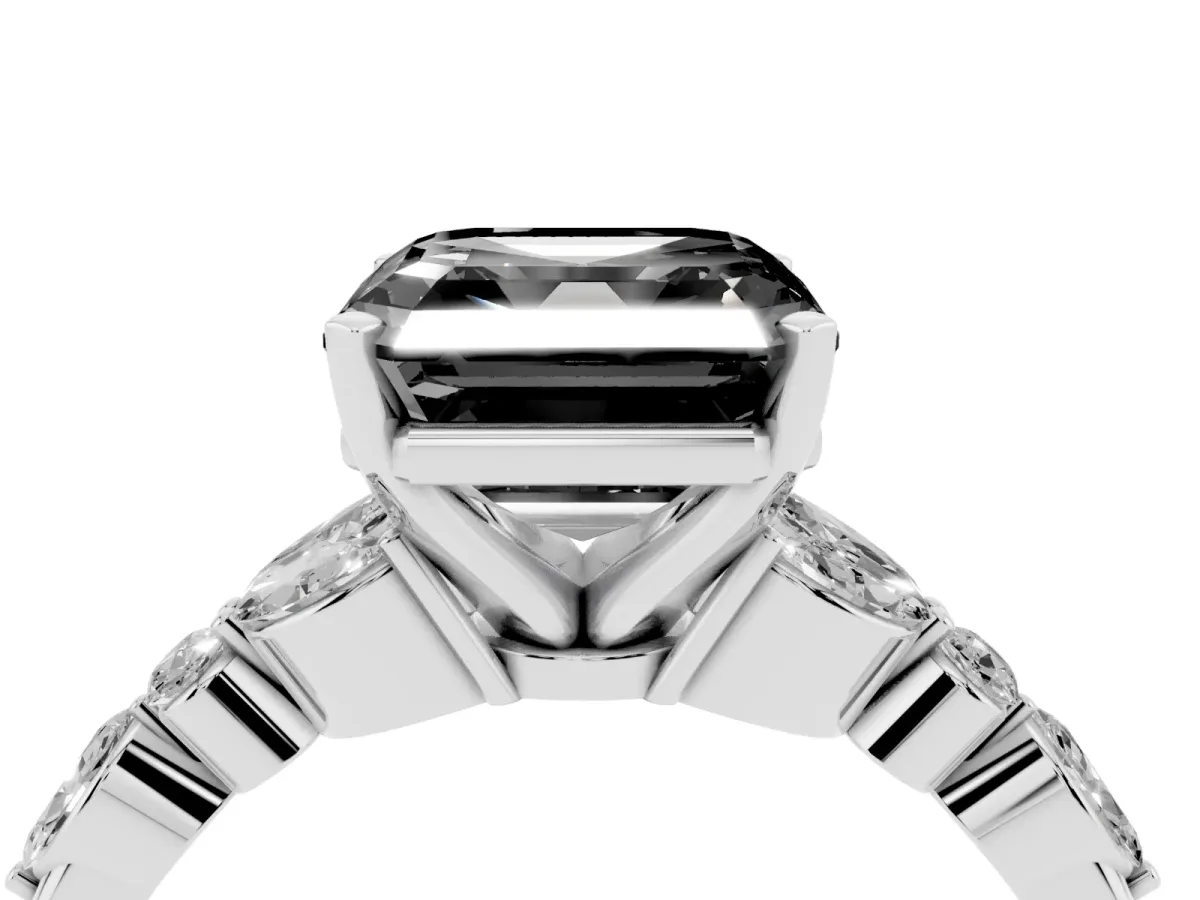 Fancy Black Asscher Cut Diamond Solitaire Ring with Side Stones and Four-Prong Setting White gold