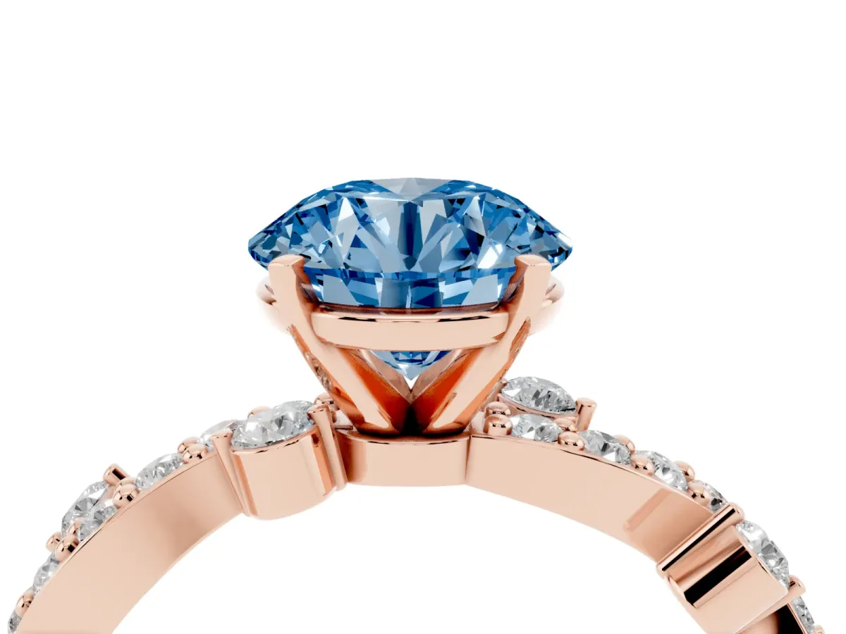 Fancy Blue Round Cut Cut Solitaire Diamond Twisted Band with Pave Setting Rose gold