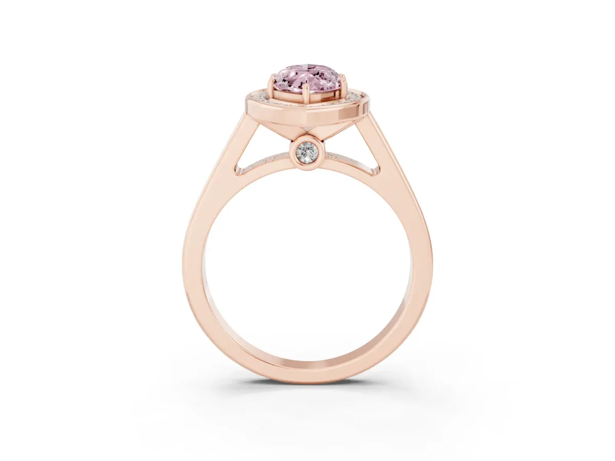 Fancy Pink Marquise Cut Halo Solitaire Diamond Ring with Pave Band and Bezel Setting Rose gold