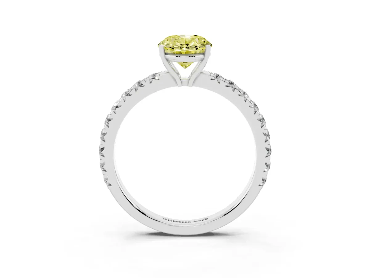 Fancy Yellow Oval Cut Diamond Pavé Solitaire Engagement Ring with Four-Prong Setting Platinum
