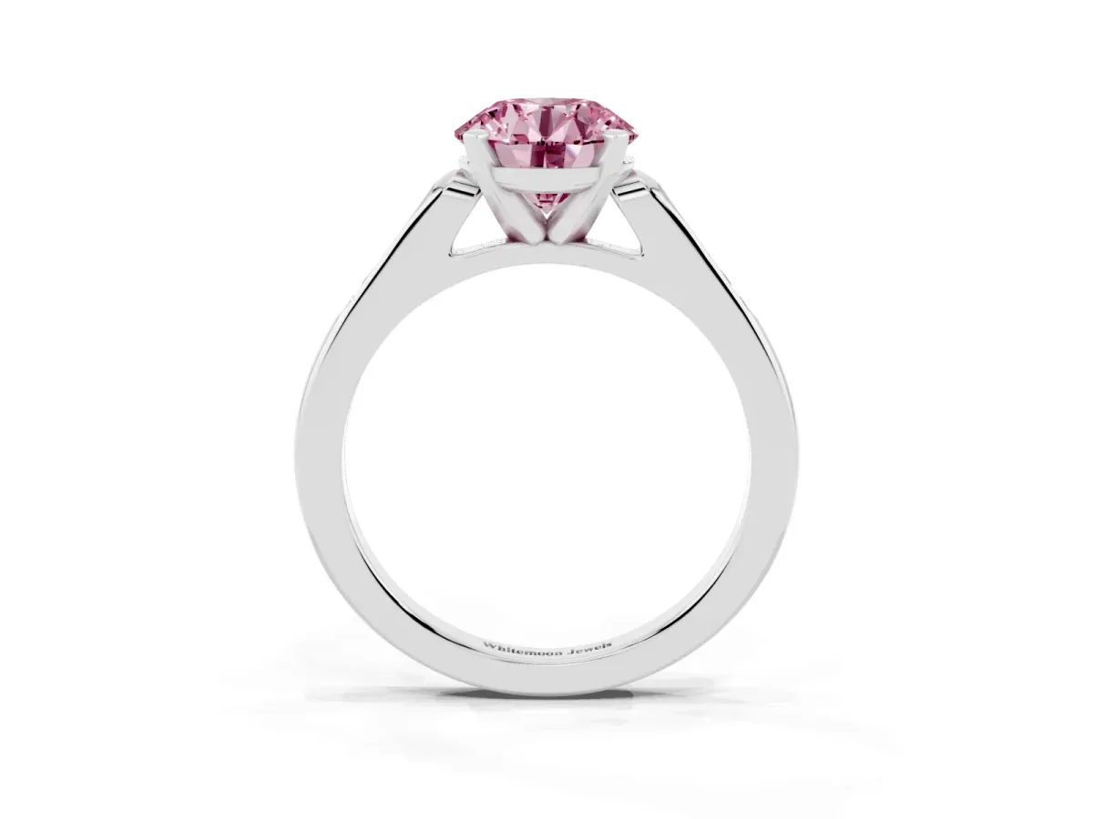 Fancy Pink Round Cut Diamond Solitaire Ring with Channel Set Round Band and Prong Setting Silver