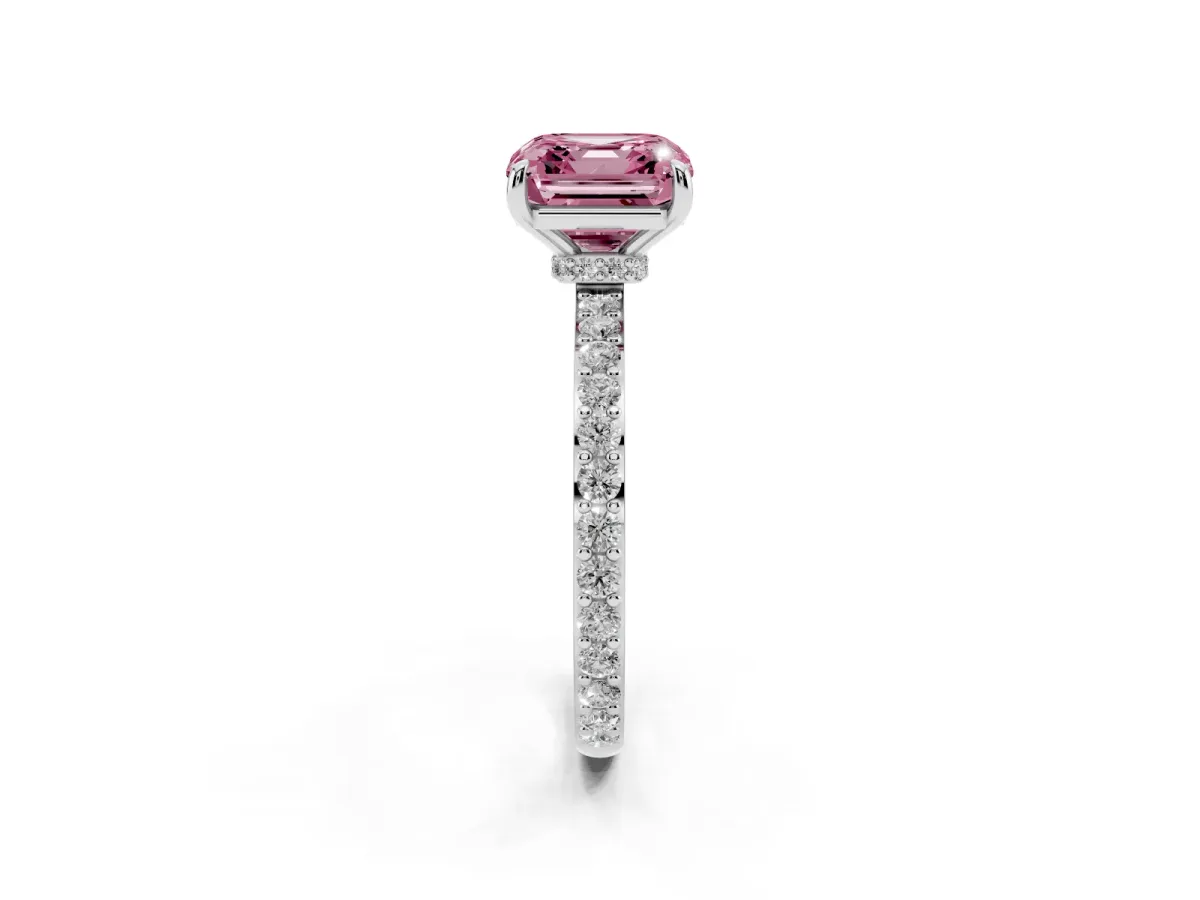 Fancy Pink Asscher Cut Diamond Pavé Engagement Ring with Round Accents and Prong Setting White gold