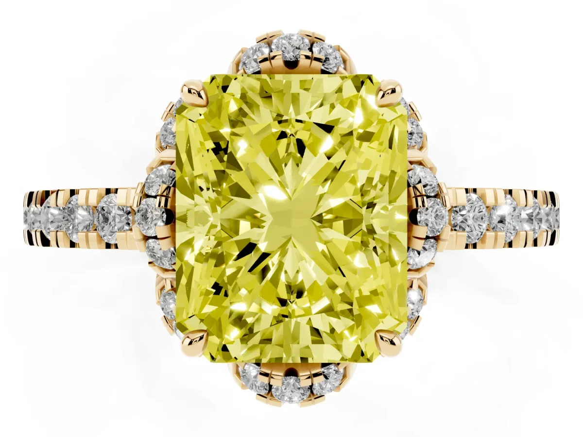 Fancy Yellow Radiant Cut Halo Diamond Pave Band Ring with Four-Prong Setting Yellow gold