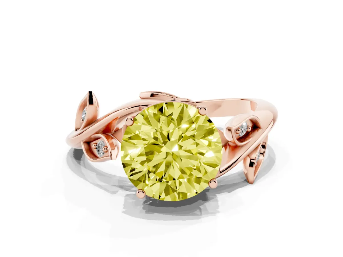 Fancy Yellow Round Cut Solitaire Twist Engagement Ring with Leaf Accents and Prong Setting Rose gold