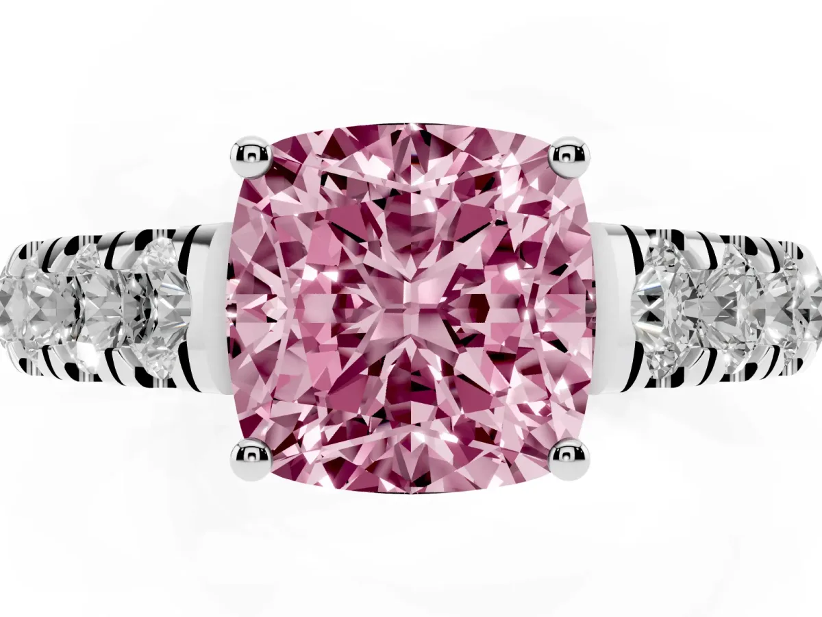 Fancy Pink Cushion Cut Cut Diamond Solitaire Ring with Micro Pave Band and Prong Setting Silver