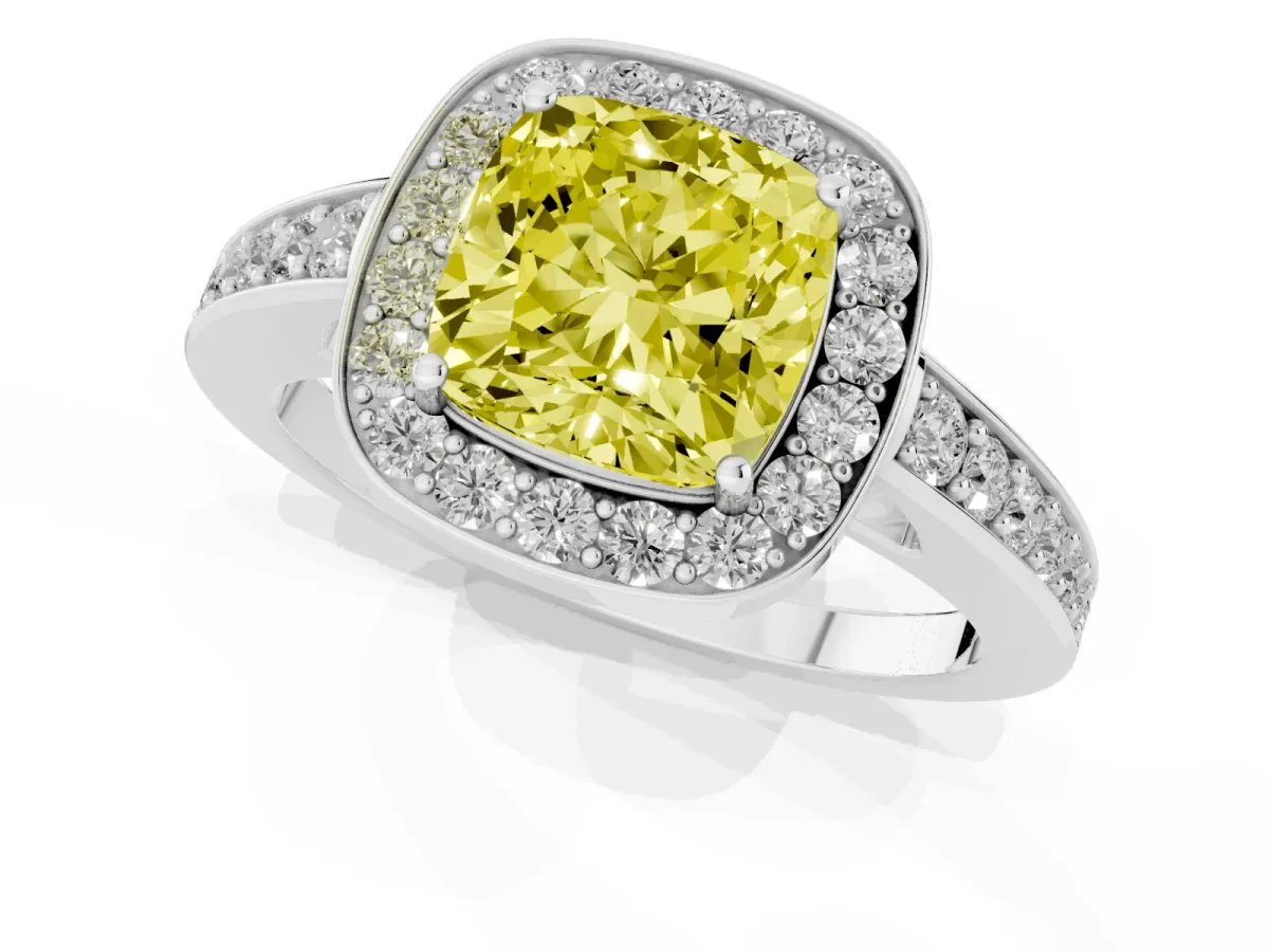 Fancy Yellow Cushion Cut Halo Pavé Diamond Engagement Ring with Bezel Setting Silver