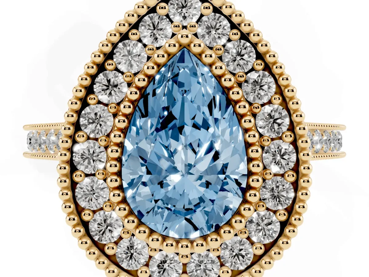 Fancy Blue Pear Cut Diamond Halo Ring with Milgrain Frame and Pavé Band Yellow gold