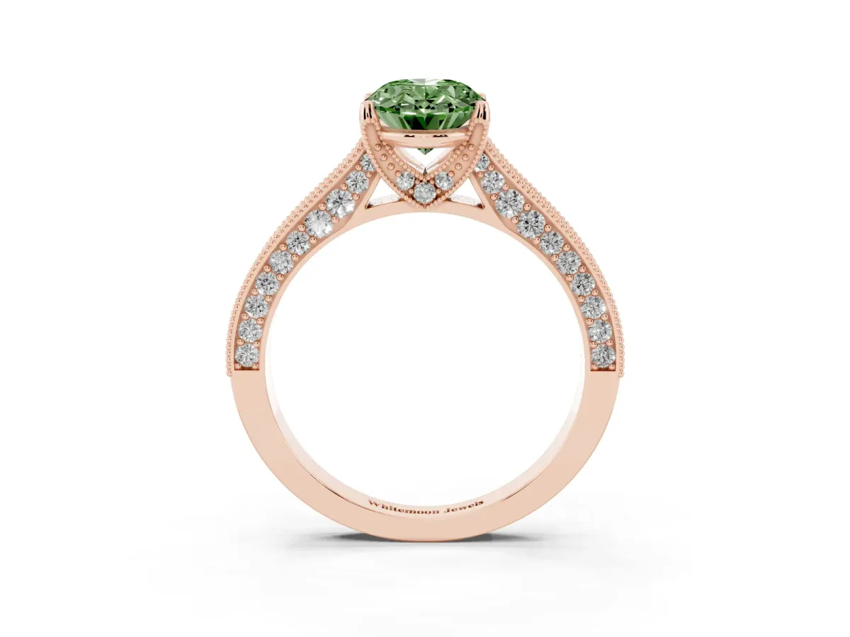 Fancy Green Oval Cut Cut Diamond Solitaire Ring with Milgrain Pave Band and Four Prong Setting Rose gold