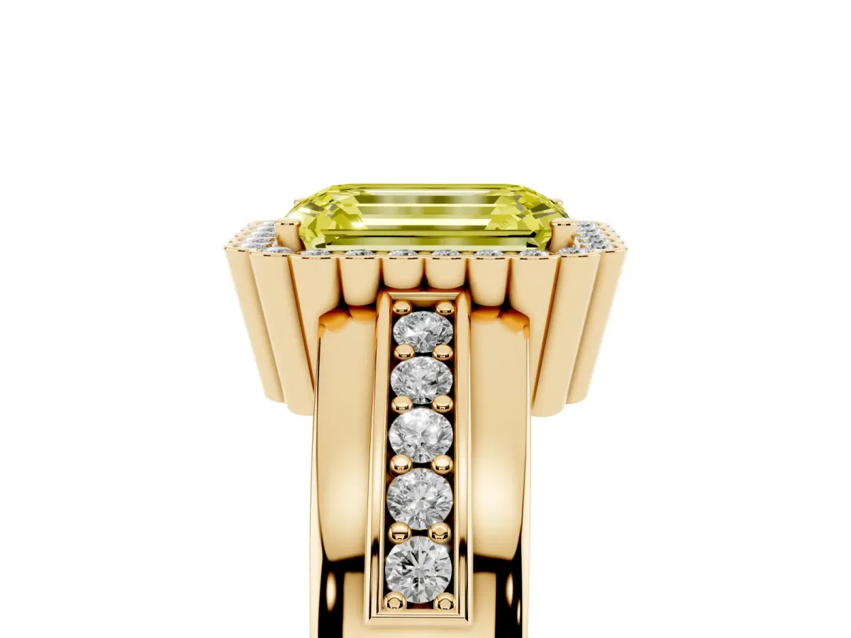 Fancy Yellow Emerald Cut Cut Halo Pave Band Four-Prong Ring Yellow gold