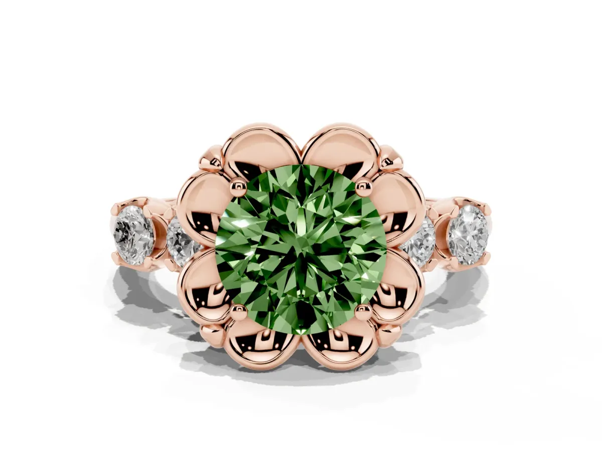 Fancy Green Round Cut Cut Diamond Floral Halo Engagement Ring with Shared Prong Setting Rose gold