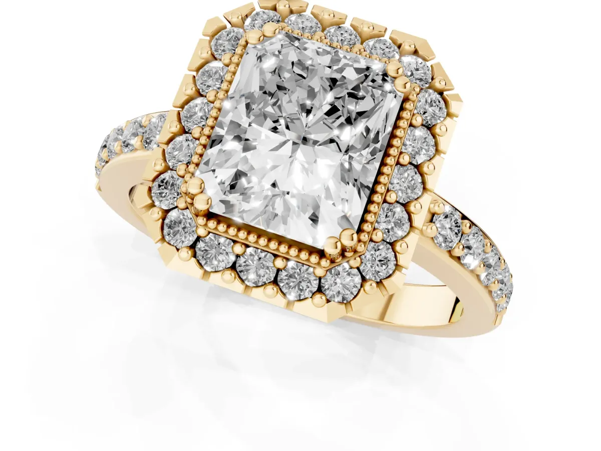 Radiant Cut Diamond Halo Ring with Pavé Band and Prong Setting Yellow gold