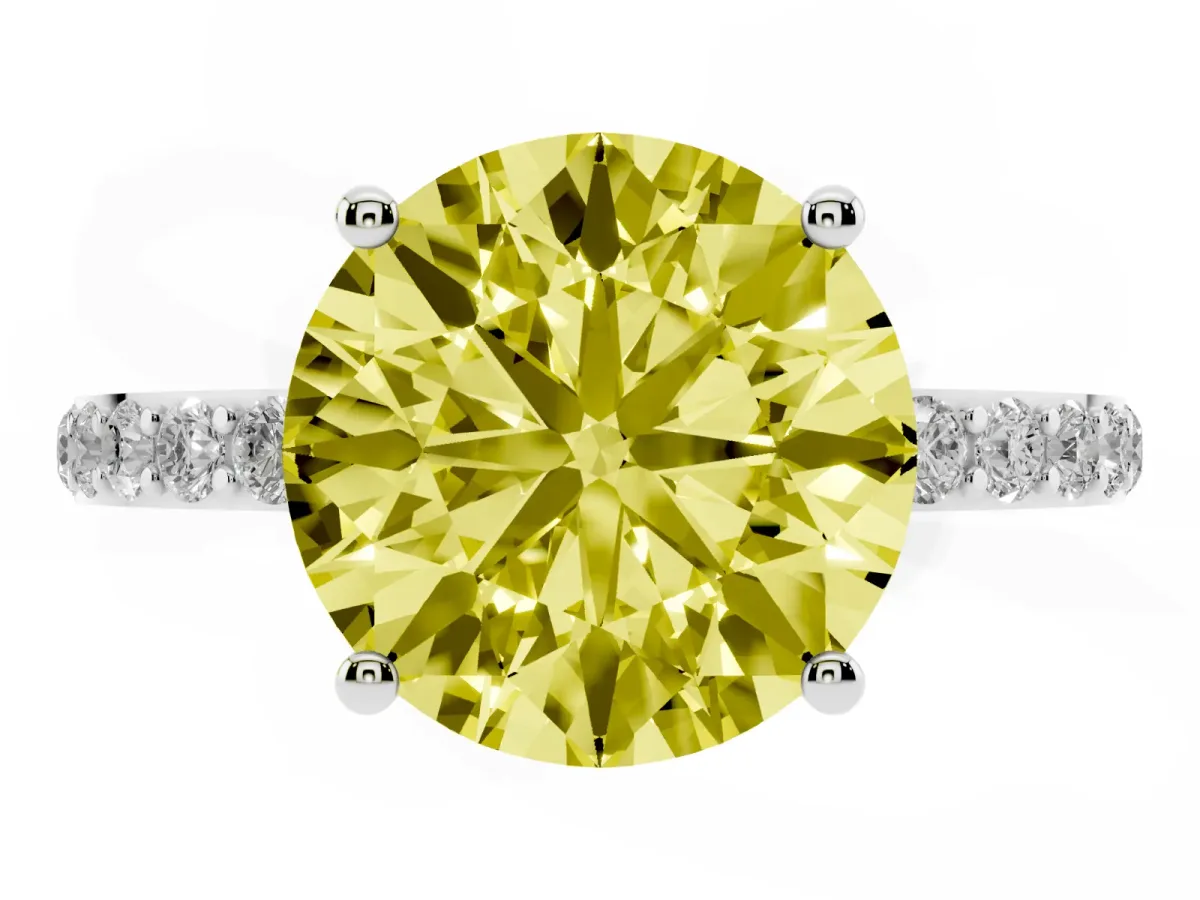 Fancy Yellow Round Cut Diamond Solitaire Ring with Round Pavé Shoulders and Prong Setting Silver