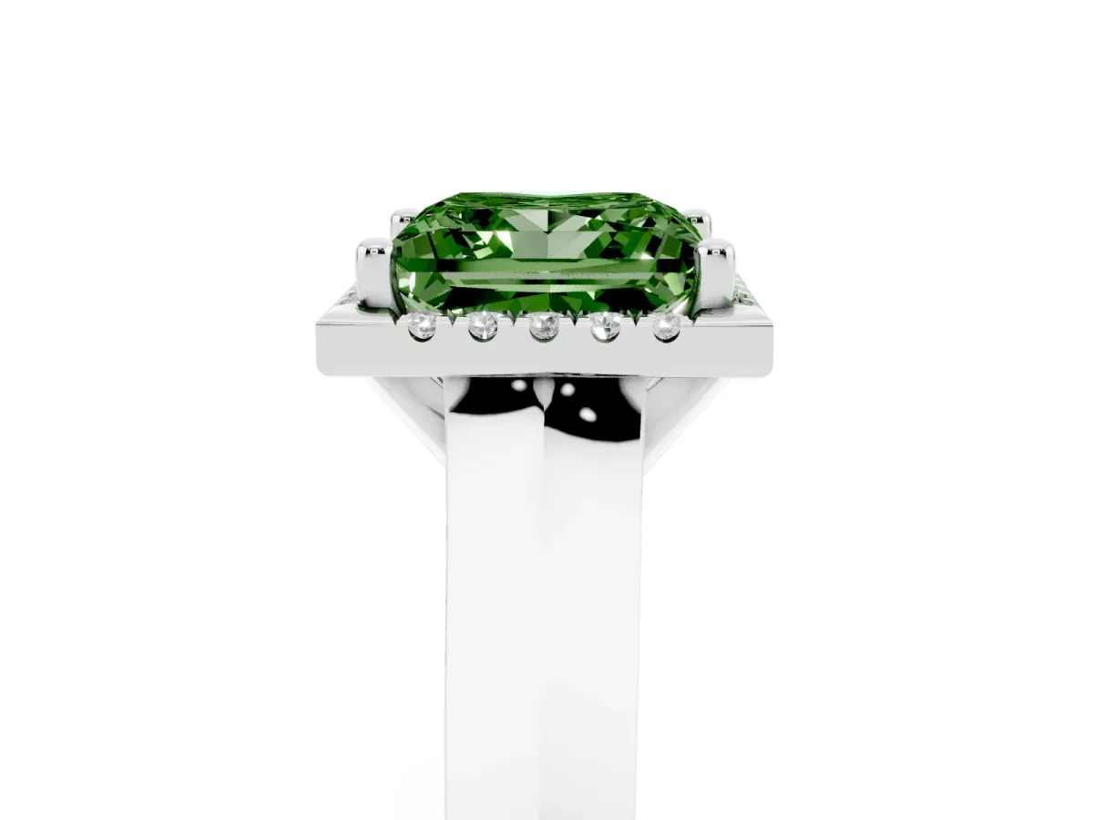 Fancy Green Princess Cut Halo Diamond Ring with Cathedral Band and Four-Prong Setting White gold