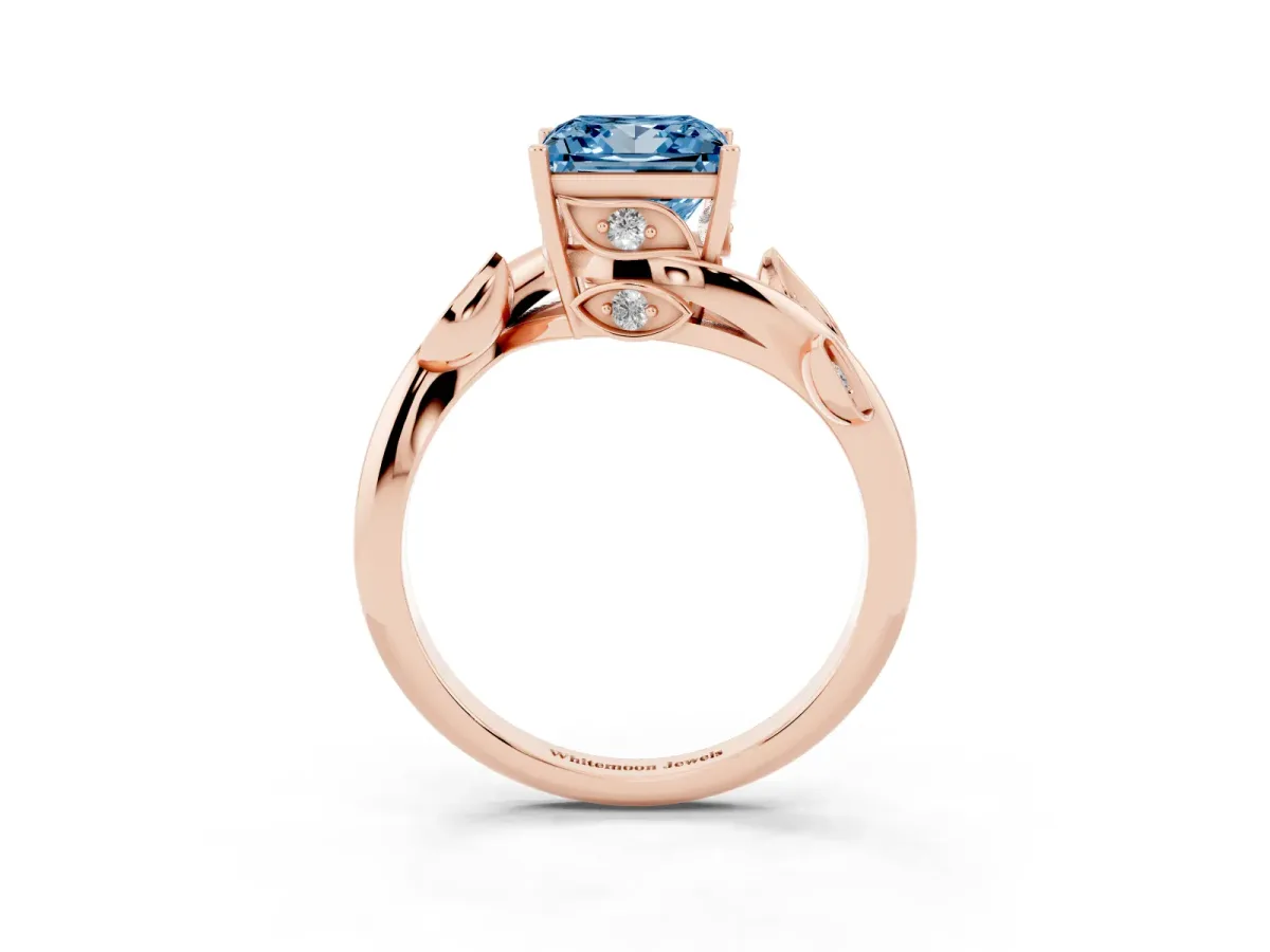 Fancy Blue Princess Cut Solitaire Twist Engagement Ring with Leaf Accents and Prong Setting Rose gold