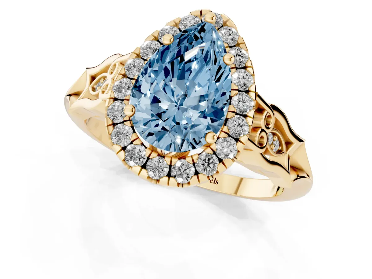 Fancy Blue Pear Cut Halo Diamond Engagement Ring with Filigree Band and Four-Prong Setting Yellow gold