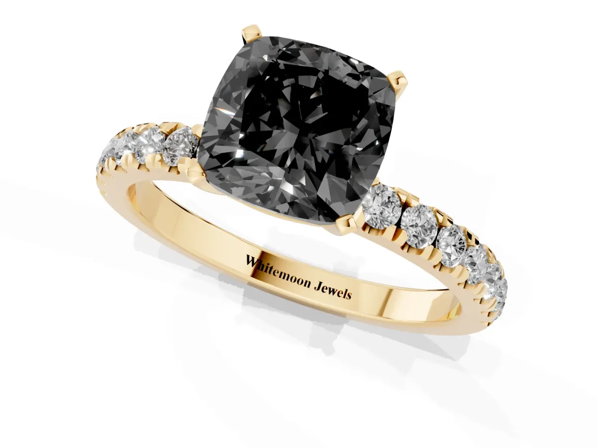 Fancy Black Cushion Cut Diamond Solitaire Ring with Pavé Accents and Four-Prong Setting Yellow gold