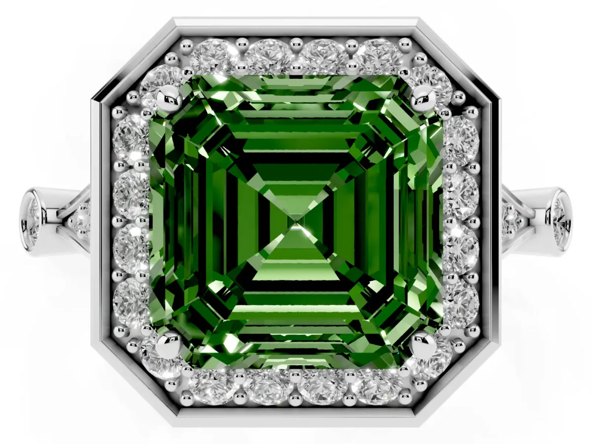 Fancy Green Asscher Cut Halo Diamond Engagement Ring with Twisted Band and Four-Prong Setting White gold